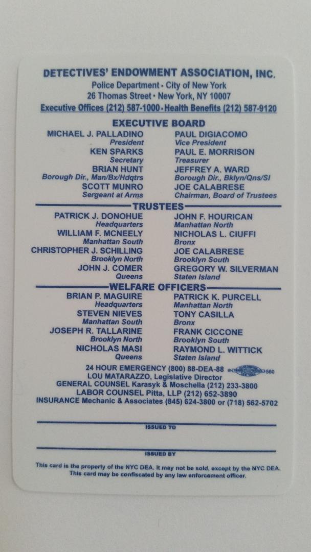 Authentic, NOT a repro 2019 DEA Detectives Endowment Association / NYPD PBA card