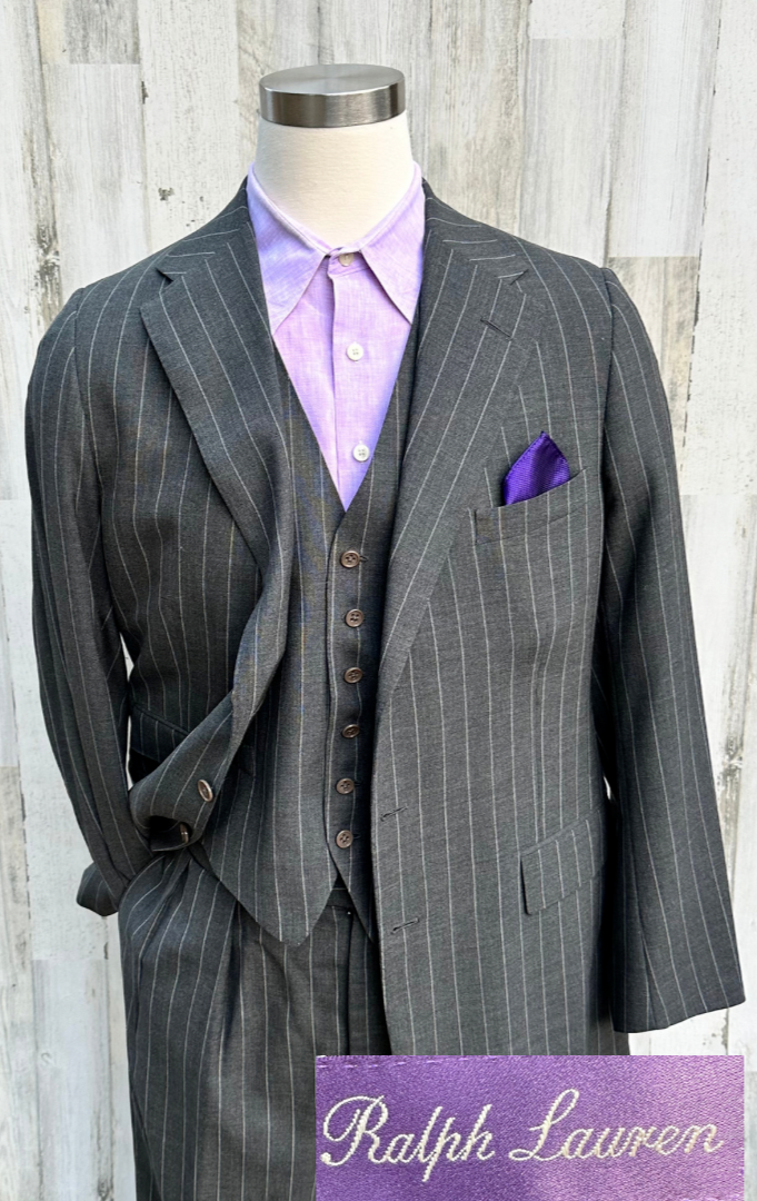 Ralph Lauren Purple Label 3 Piece Suit Gray Pinstripe 44L 42L 38x30 100% Wool