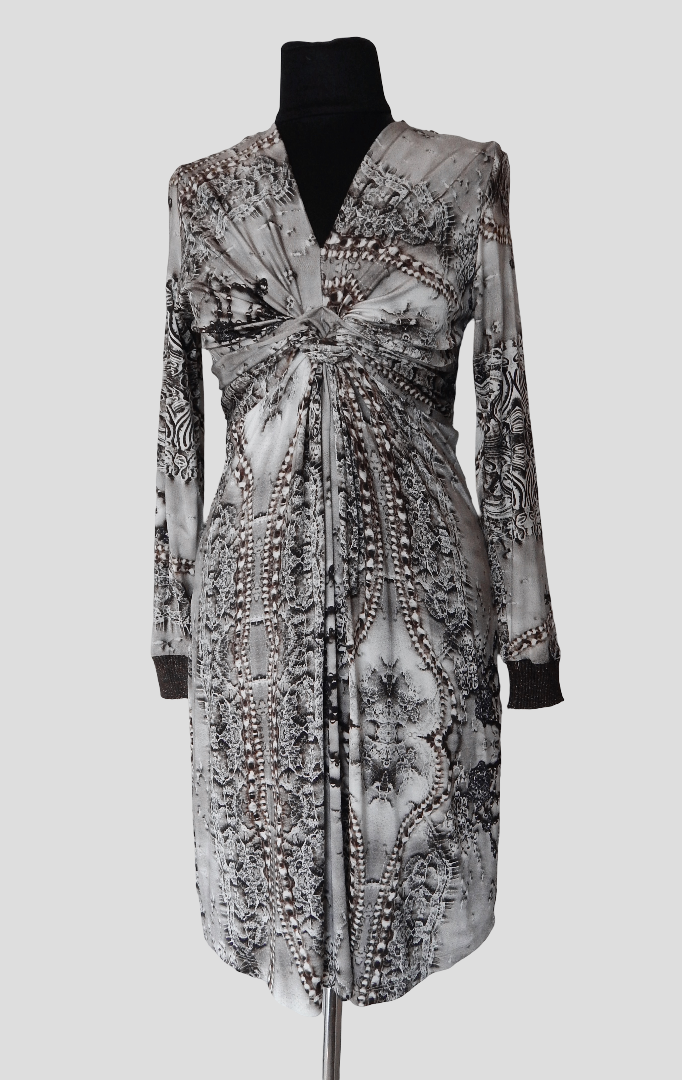 Tricot Chic Draped  Sheath Dress White Black Brown  graphic print Lurex US 10