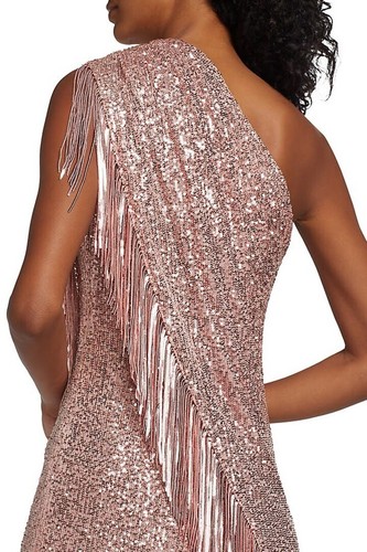 Pre-owned Badgley Mischka Asymmetrical One Shoulder Sequin Fringe Cocktail Dress In Gold