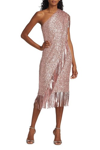 Pre-owned Badgley Mischka Asymmetrical One Shoulder Sequin Fringe Cocktail Dress In Gold