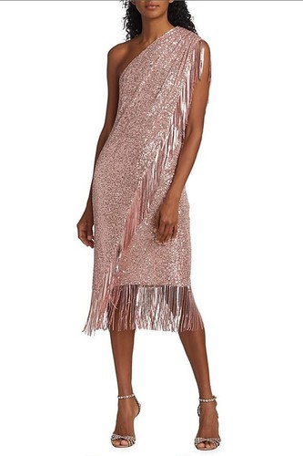 Pre-owned Badgley Mischka Asymmetrical One Shoulder Sequin Fringe Cocktail Dress In Gold