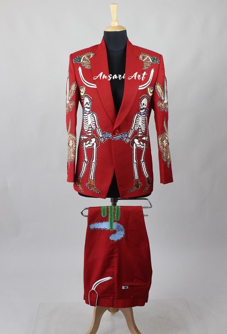 Pre-owned Art Men 2pc Red Cotton Outfit Hand Embroidered Western Suit Style Py Designer