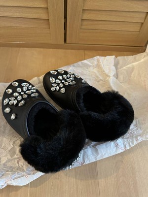 Simone Rocha Crocsblack Fur Sabot Sandals With Crystal Embellishments
