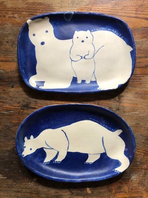 Hikaru Masuda Very cute Polar Bear Oval Plate Set of Two from Japan Unused