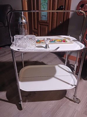  MCM VTG White & Chrome 2 Tier Foldable Kitchen Bar Serving Trolley Utility Cart