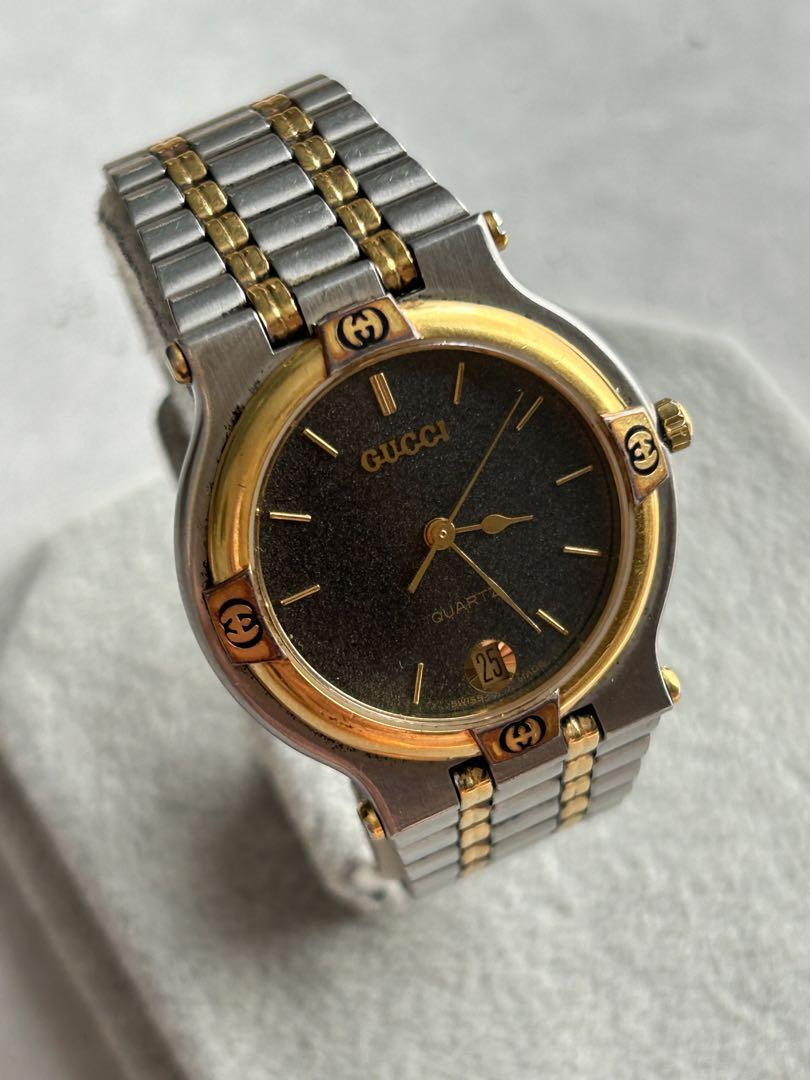 Gucci 9000M Watch Men's Silver Gold Pearl Black Dial Vintage