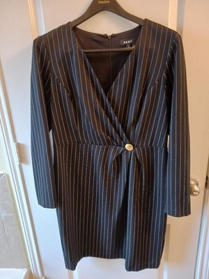 DKNY Women Faux Wrap Dress, long sleeve, button waist, v-neck, black Size 14 NWT