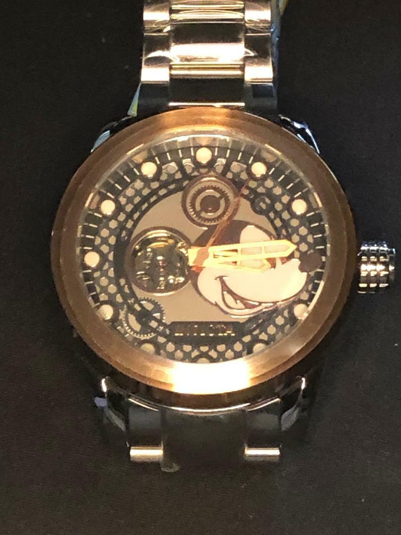 Pre-owned Invicta Disney Mickey 22744 "open Heart" Silver/rose Auto 50mm Men's W/dive Case