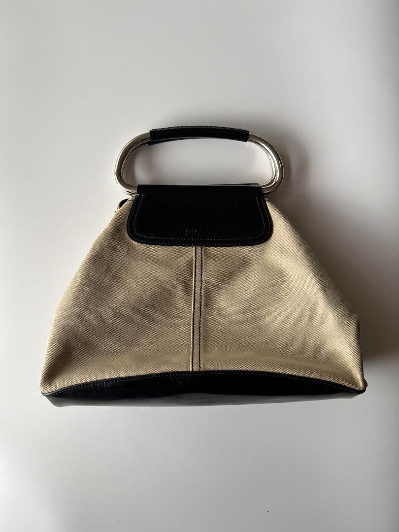 Beige and Black PRADA Handbag with Metal Handle, SS2003