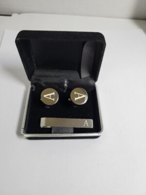 Tie Clip and Cuff Links Letter A Chrome Shiny Mirror Like Finish