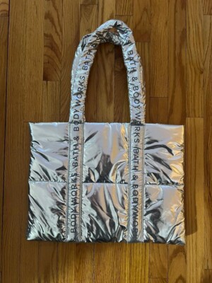 Bath and Body Works Puffy Silver Shiny Tote Bag