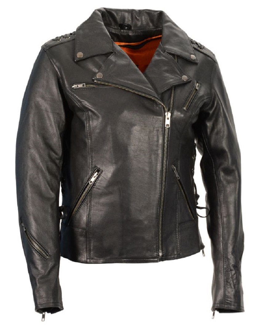 Pre-owned Hl Ladies Leather Riding Fashon Jacket Motorcycle Biker Women Goat Skin Beading In Black With Black Laces And Beading