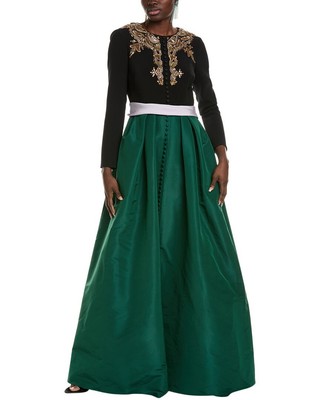 Pre-owned Carolina Herrera Embroidered Cinched Waist Silk Dress Women's In Spruce Green Mu