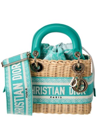Dior Lady Dior Mini Straw & Leather Crossbody Womens Green