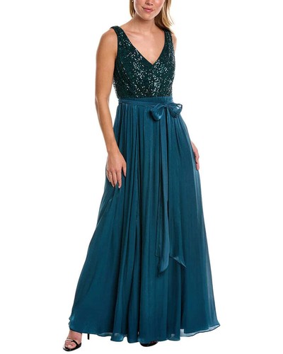 Pre-owned Badgley Mischka Feather Wrap Sequin Gown In Moss