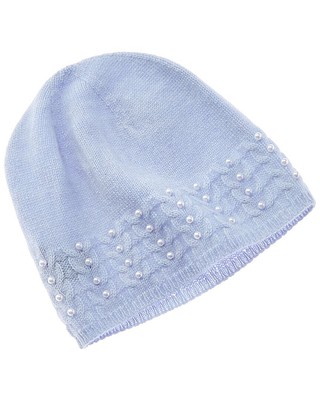 Женская кашемировая шапка Forte Cashmere с жемчужными вставками в виде ребристого кабеля синего цвета