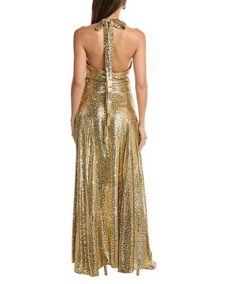 Pre-owned Michael Kors Collection Cheetah Fil Coupe Silk-blend Halter Maxi Dress Women's In Gray