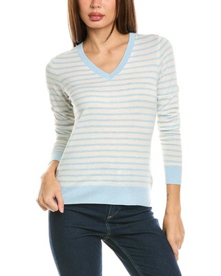 Forte Cashmere Fitted Stripe V-Neck Silk & Cashmere-Blend Sweater Womens Blue