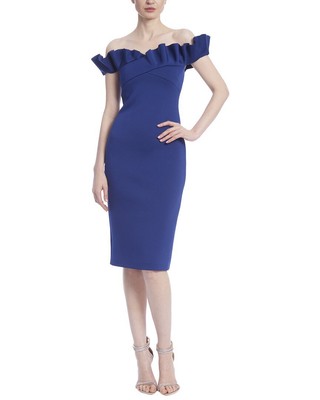 Женское однотонное платье с оборками и открытыми плечами от Badgley Mischka