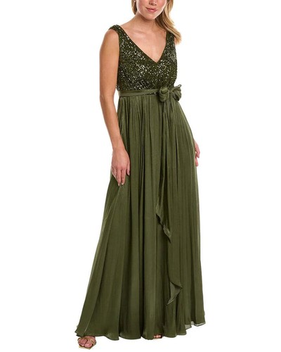Pre-owned Badgley Mischka Feather Wrap Sequin Gown In Moss