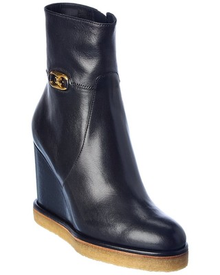 

Женские кожаные ботильоны на танкетке Celine черные, Черный, NA