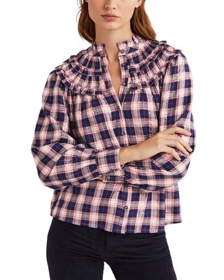 

Женская рубашка с высоким воротником Boden с оборками, Navy;copper lurex check