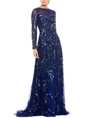 Женское платье трапециевидной формы с высоким вырезом и украшениями Mac Duggal Illusion, синее 10