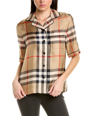 Pre-owned Burberry Vintage Check Silk Pyjama Shirt Women's In Beige