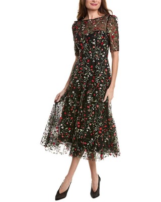 Teri Jon By Rickie Freeman Embroidered Floral Midi Dress Womens Black 20