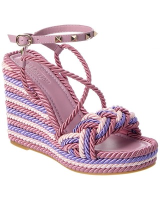 Женские босоножки на танкетке Valentino Rockstud 115 Rope & Leather, розовые 35