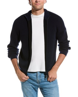 Amicale Cashmere Plaited Rib Full Zip Cashmere Cardigan Mens Blue M