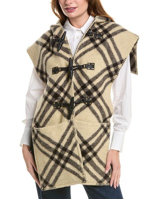 Женская накидка из шерсти и кожи в клетку Burberry коричневого цвета
