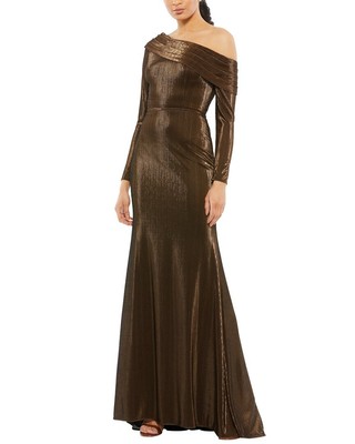 Женское платье-труба Mac Duggal металлик с открытыми плечами коричневого цвета 2