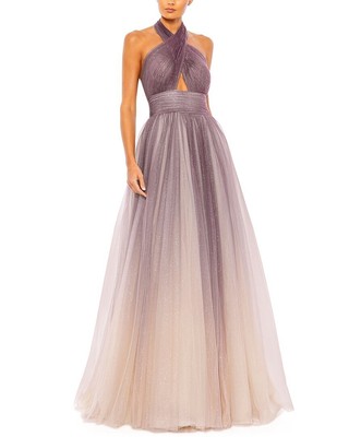 Mac Duggal Glitter Ombre Halter Ball Gown Womens