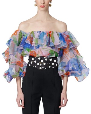Carolina Herrera Off-Shoulder Ruffle Balloon Sleeve Silk Top Womens