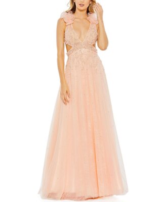 Pre-owned Mac Duggal Embellished Ruffle Shoulder Cut Out A Line Gown Women's In Orange