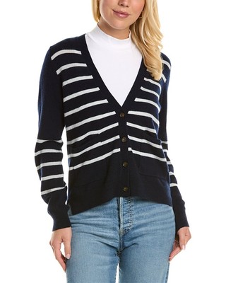 Кашемировый кардиган Amicale Cashmere в полоску с V-образным вырезом, женский темно-синий Xs