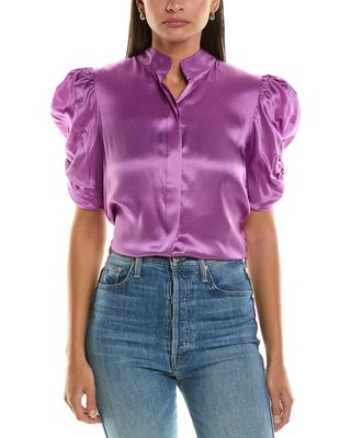 Женская шелковая блузка с пышными рукавами из джинсовой ткани в рамку