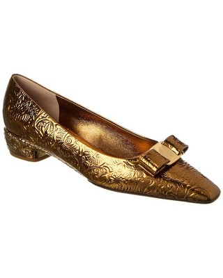 Женские кожаные балетки на плоской подошве с бантом от Ferragamo Riace, золото 8.5 C