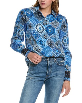 Elie Tahari Collared Silk-Blend Tunic Womens Blue S