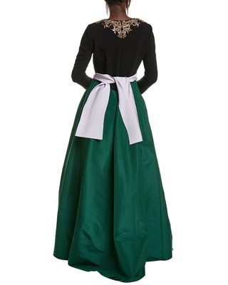 Pre-owned Carolina Herrera Embroidered Cinched Waist Silk Dress Women's In Spruce Green Mu