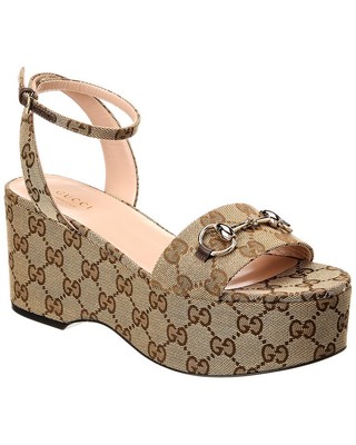 Женские парусиновые сандалии на плоской подошве Gucci Horsebit Gg коричневые 36