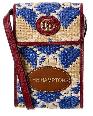 Женское кроссбоди Gucci The Hamptons из соломы и кожи синего цвета через плечо