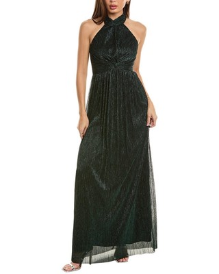 After Six Halter Metallic Pleated Gown Womens Green M