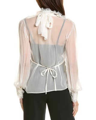 Pre-owned Alberta Ferretti Lace Bib Silk Blouse Women's In White