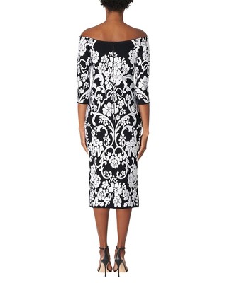 Pre-owned Carolina Herrera Off Shoulder Scoop Neck Fitted Midi Dress Women's In Black/white