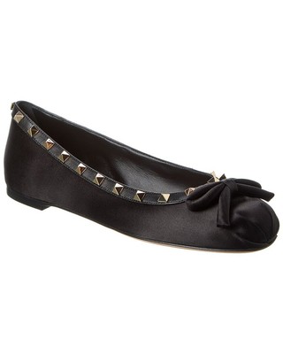 Женская балетка на плоской подошве Valentino Rockstud из атласа и кожи, черный 38