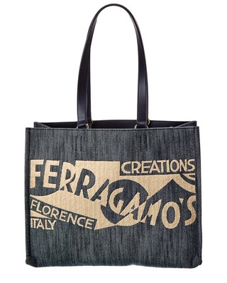 Женская сумка-тоут из денима и кожи среднего размера с логотипом Ferragamo синего цвета