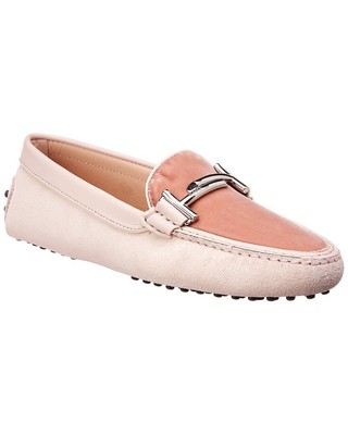 Женские мокасины из замши и бархата с тиснением Tods Gommino Double T Розовый 37